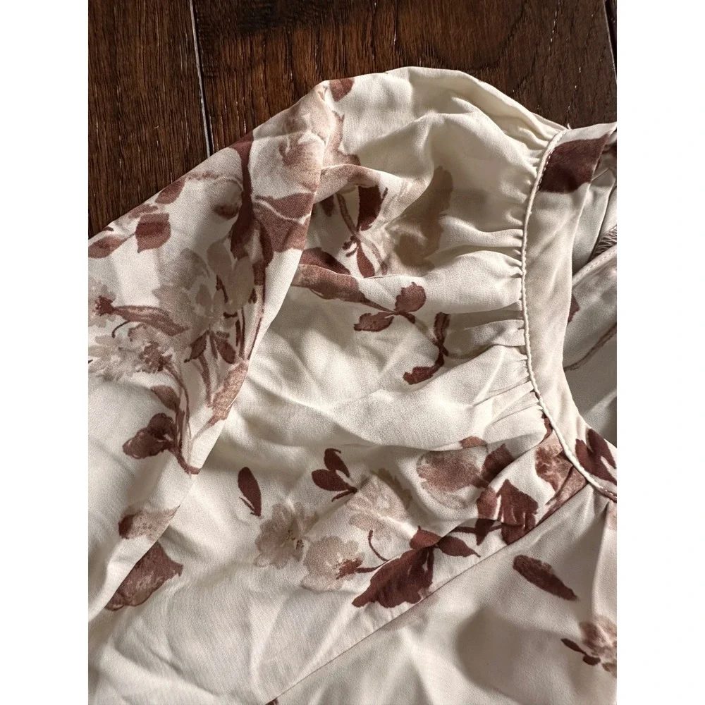 Abercrombie & Fitch Floral Puff Sleeve Blouse Cream Brown Short Sleeve Top Small